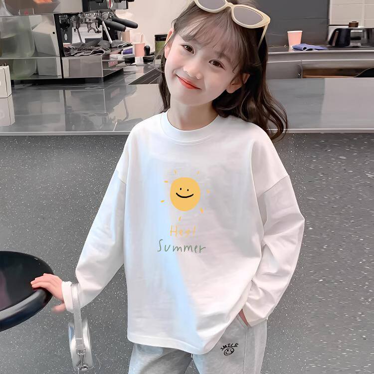 女童装白色纯棉打底衫春秋季宽松洋气长袖中大童T恤内搭百搭上衣