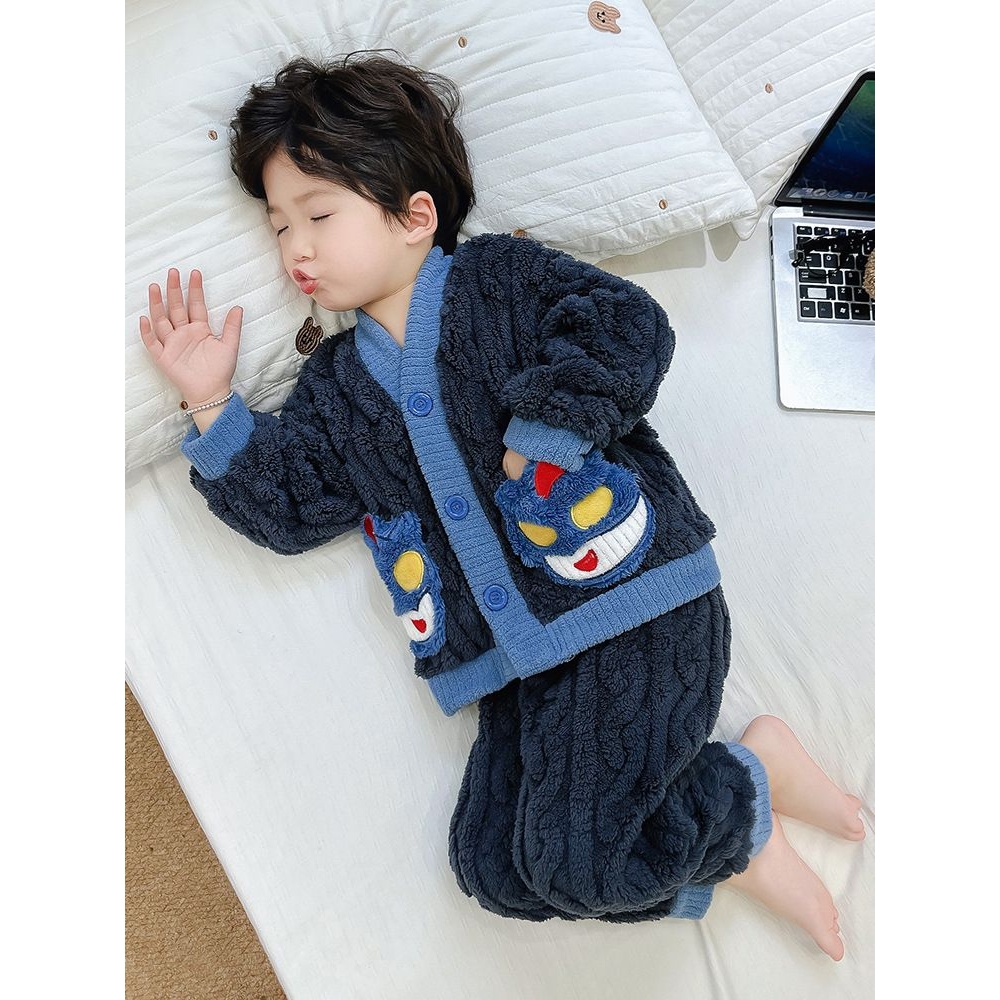 男童睡衣秋冬款新款儿童加绒套装男孩珊瑚绒宝宝法兰绒家居服