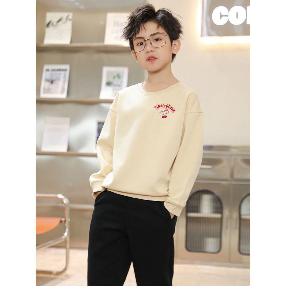 圆领儿童卫衣打底衫2025新款秋装一家三口米白色长袖男童休闲上衣