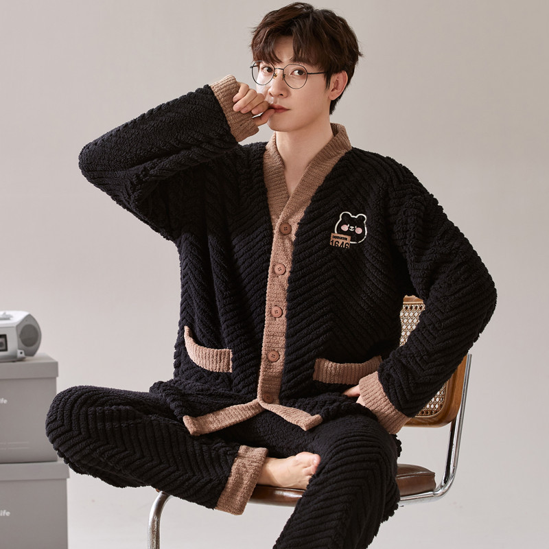 珊瑚绒睡衣男冬季加绒加厚开衫翻领套装法兰绒秋冬男士大码家居服