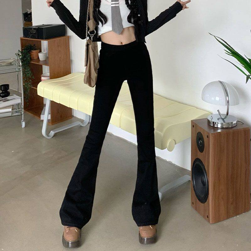 黑色微喇叭牛仔裤女秋冬2025新款高腰弹力修身直筒拖地马蹄长裤子