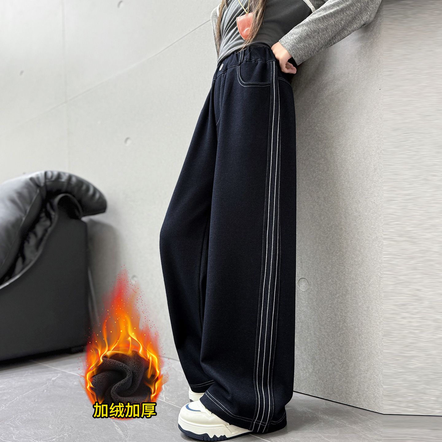 女童净色牛仔裤秋冬加绒2025新款女大童洋气一体直筒阔腿裤初中生