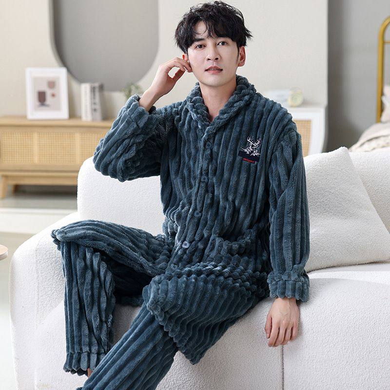 珊瑚绒睡衣男秋冬季加绒加厚男士睡袍套装可外穿秋冬法兰绒家居服