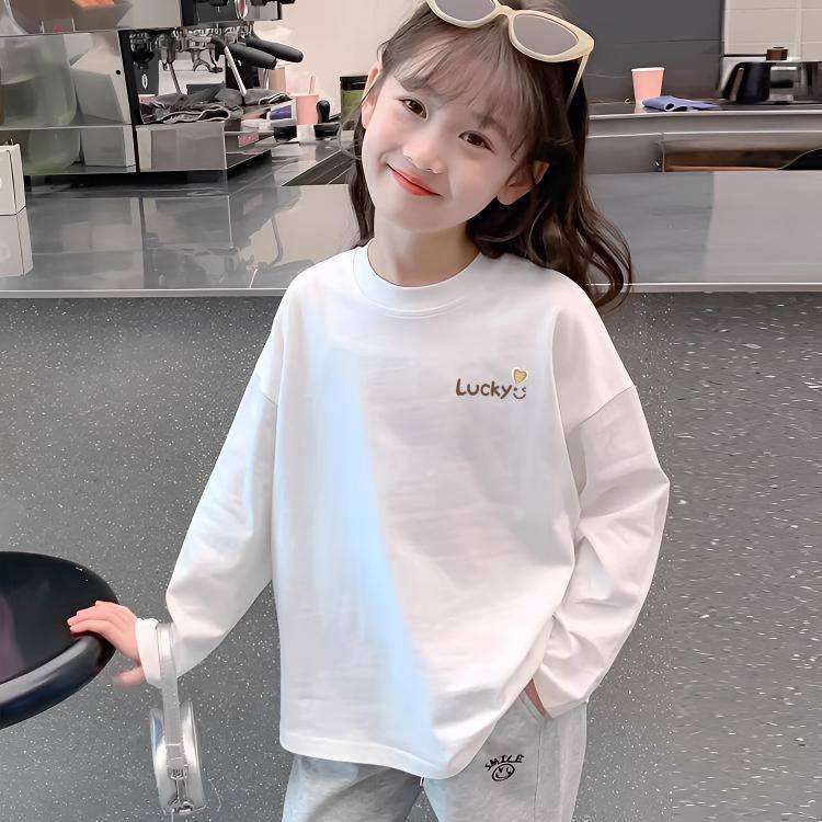 女童装白色纯棉打底衫春秋季宽松洋气长袖中大童T恤内搭百搭上衣
