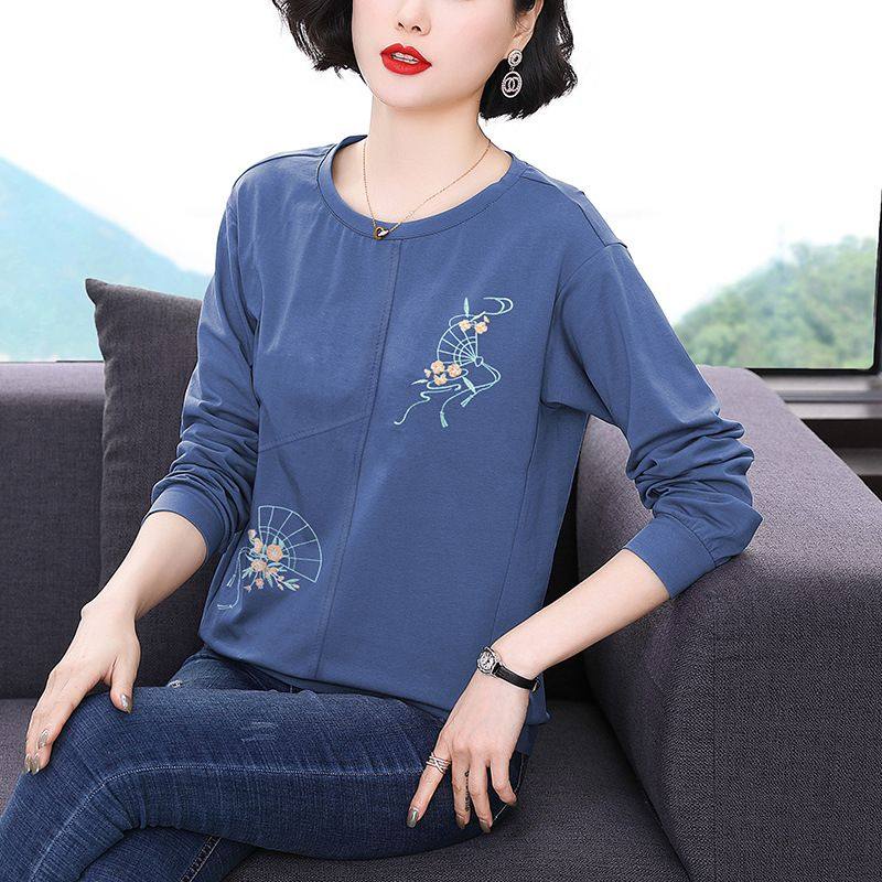 纯棉长袖t恤女 秋装新款圆领洋气刺绣宽松打底衫中年女士上衣