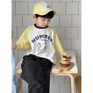 纯棉撞色打底衫男女童插肩拼色T恤A类长袖休闲体恤衫中小童