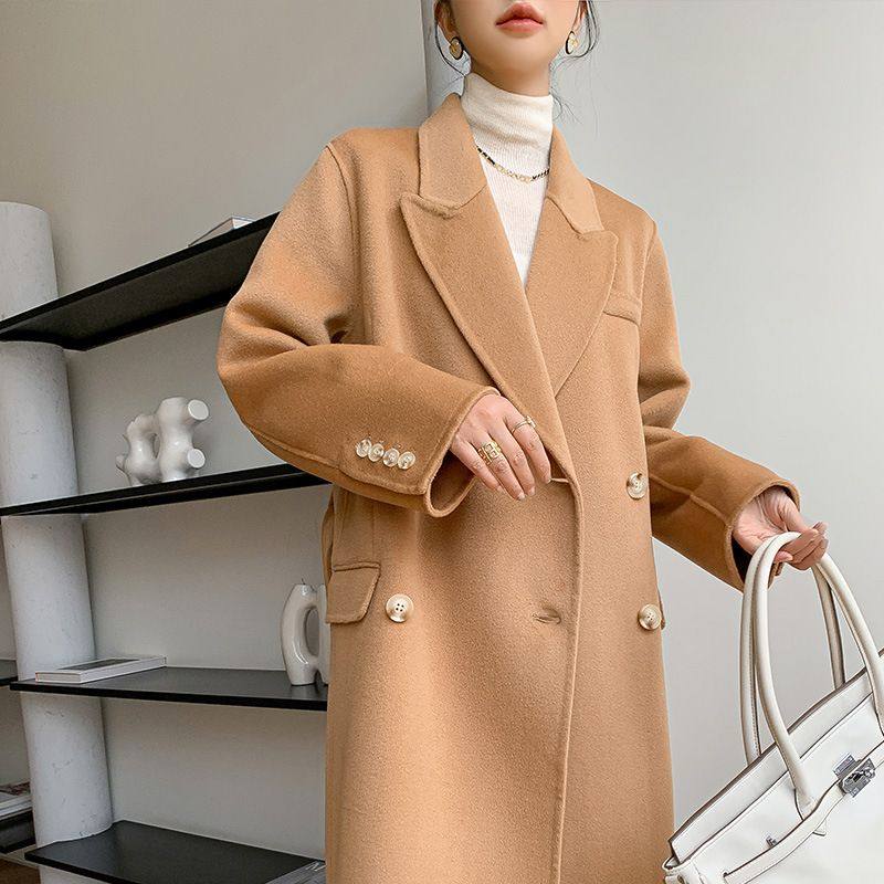 秋冬款双面羊毛呢子大衣女中长款加厚韩版西装领毛呢外套潮