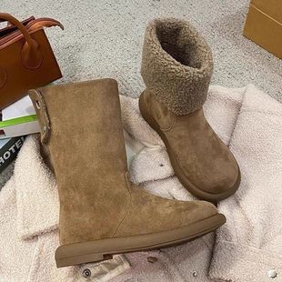 秋冬新款 两穿翻边平跟中筒靴子女欧美低跟圆头套筒气质雪地靴