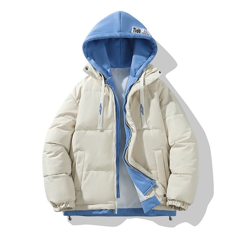 24冬季假两件棉衣男宽松棉袄情侣纯色连帽加厚棉袄外套棉服面包服