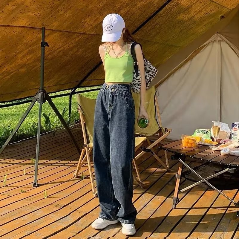 高腰直筒牛仔裤女春秋季复古设计感长裤宽松显瘦拖地阔腿裤子