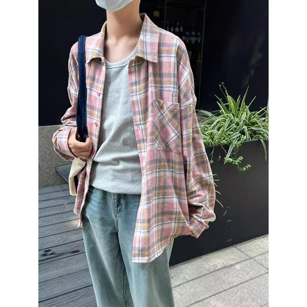 新款粉色格子衬衫女童薄款中大童外搭防晒格纹衬衫外套学生潮女