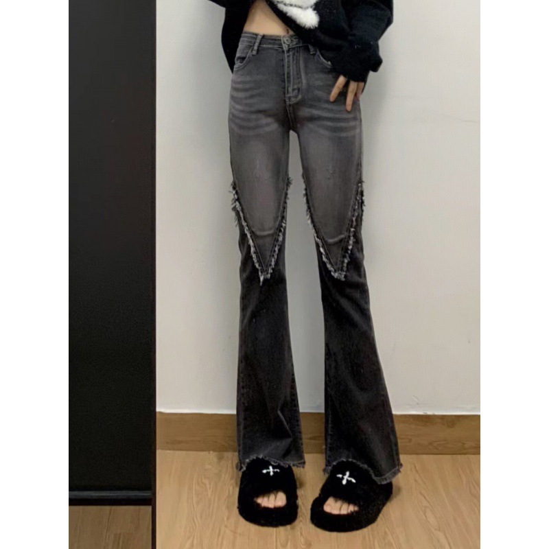 设计感辣妹高腰撞色微喇叭牛仔裤女小个子春季直筒显瘦修身长裤潮