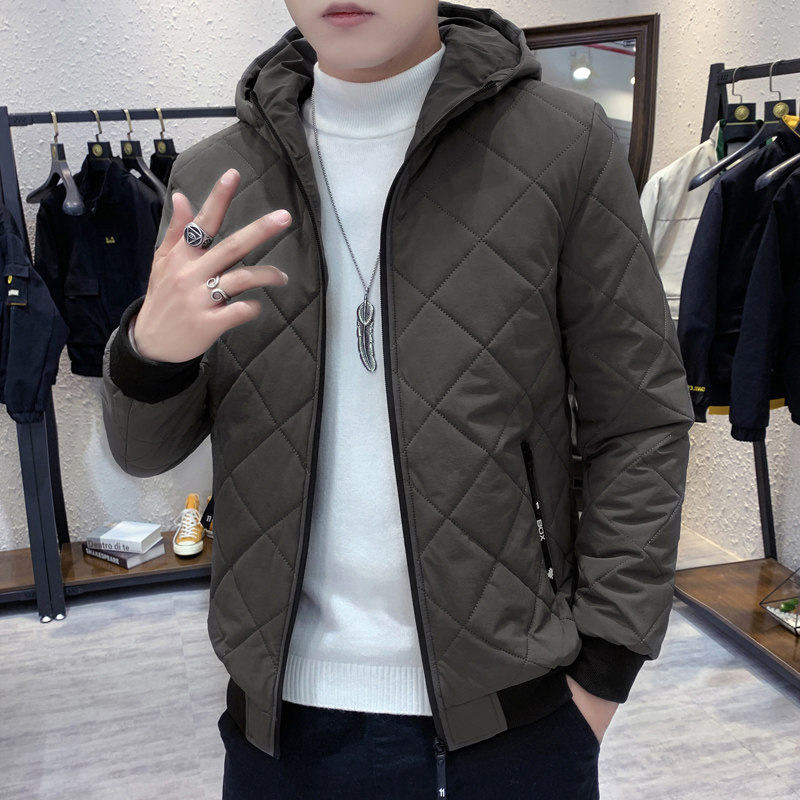 2022冬季新款男士菱格连帽棉衣加绒保暖棉服外套休闲夹克外套男装