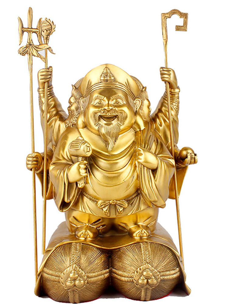 铜三面大黑天财神佛像摆件大黑天菩萨像铜摆件招手财神本命佛像