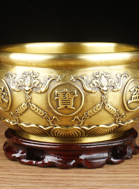 黄铜聚宝盆摆件实心全铜聚宝盆家居装饰品五福铜盆摆设开业礼品