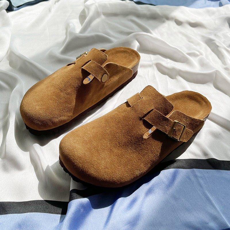 低跟牛皮博肯纯色包头半拖鞋外穿