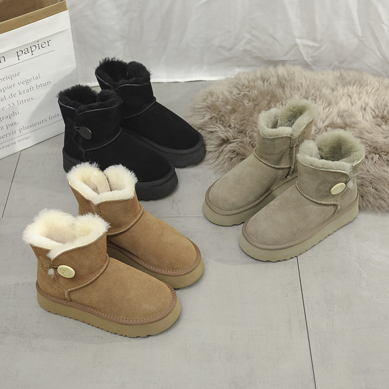 皮毛一体加绒加厚真皮厚底短靴