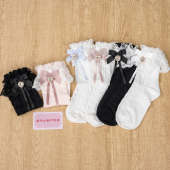 栗子家日系双层玫瑰花边飘带蝴蝶结短款 棉袜水钻爱心天蕾系短袜