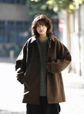 阿于呆冬季美拉德中长款毛呢大衣男复古风衣加厚棉服呢子外套女潮