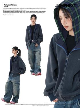 JUMPNEXT美式复古假两件连帽卫衣男女秋季宽松情侣开衫格子外套潮