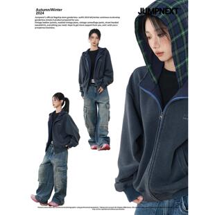 JUMPNEXT美式复古假两件连帽卫衣男女秋季宽松情侣开衫格子外套潮