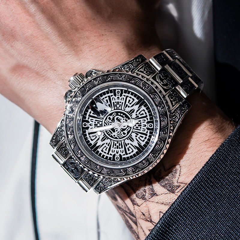 【新年礼物】VRQ欧美黑鬼机械表钢带精钢雕刻时尚手表男夜光防水