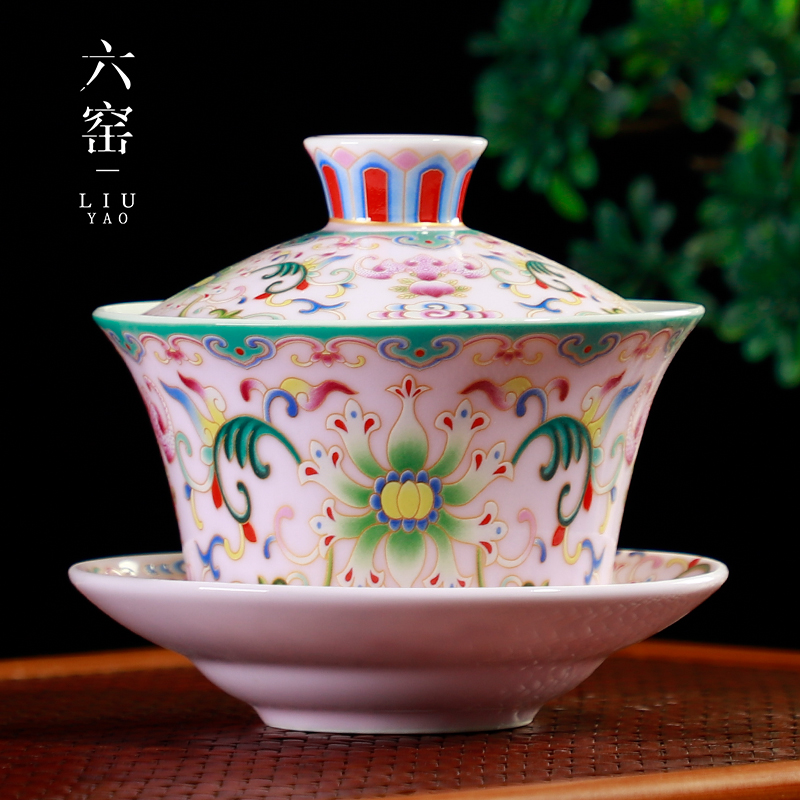 珐琅彩盖碗茶杯大号三才泡茶碗