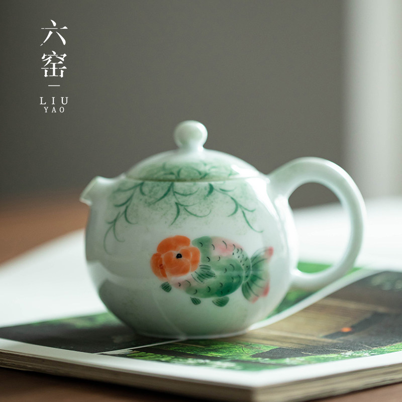 手绘胖头鱼金鱼陶瓷茶壶功夫茶具泡茶壶绿色小清新西施壶小号单壶
