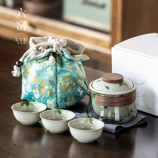 便携式 简约茶壶户外随身快客杯陶瓷手绘一壶三杯 旅行功夫茶具套装