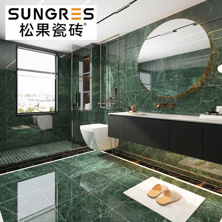 现代简约绿色通体大理石瓷砖深色卫生间厨房墙砖地砖400 800