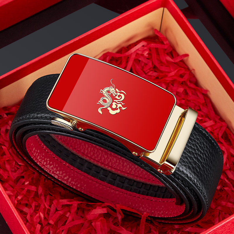 保罗皮带男士真皮红色本命年龙年男款腰带2026新款自动扣裤带礼物