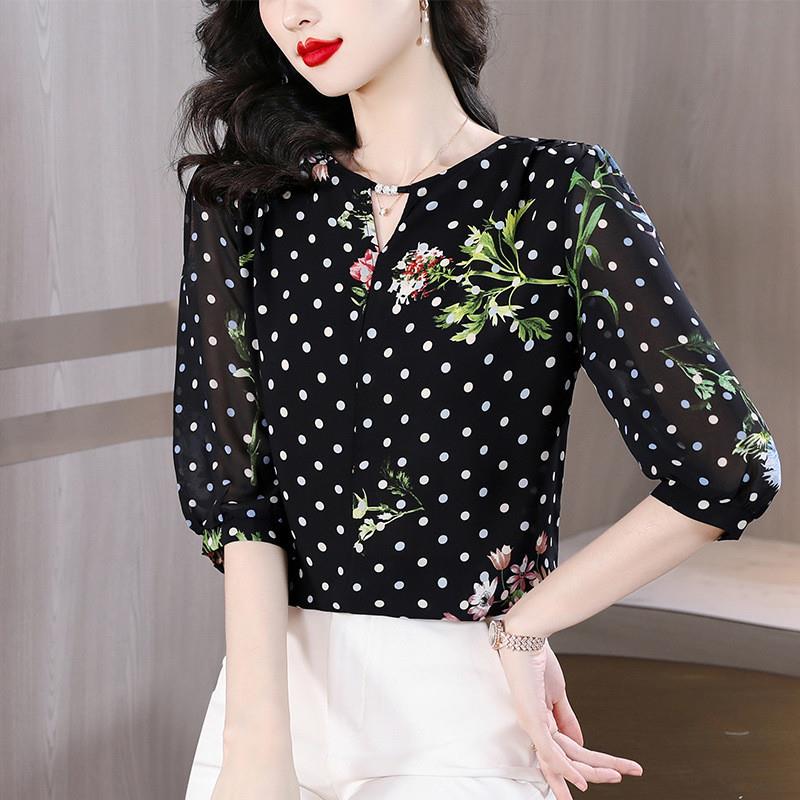 夏季中袖漂亮时尚碎花宽松遮肚冰丝雪纺小衫上衣女士洋气衬衫