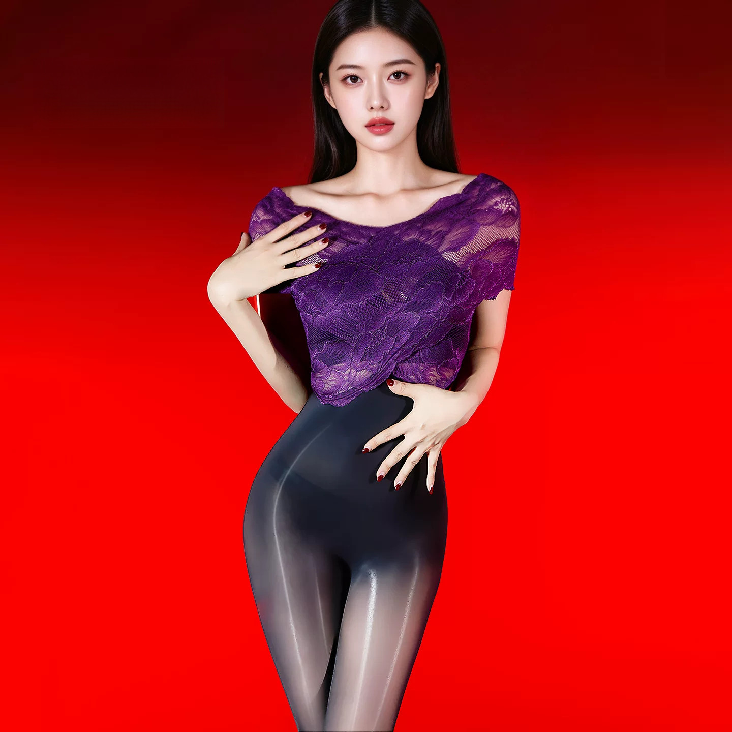 一字蕾丝高弹油光黑丝连体袜