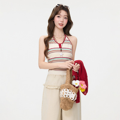 辣妹系带挂脖条纹吊带背心女春夏外穿露背美背设计感短款无袖上衣