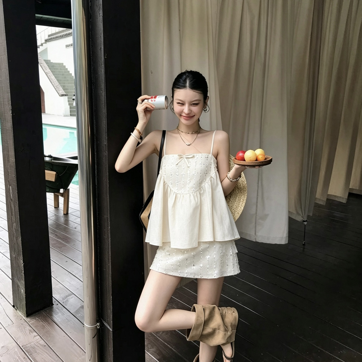 韩系高级感吊带女夏季设计感百搭背心半身裙套(自带安全裤内衬)