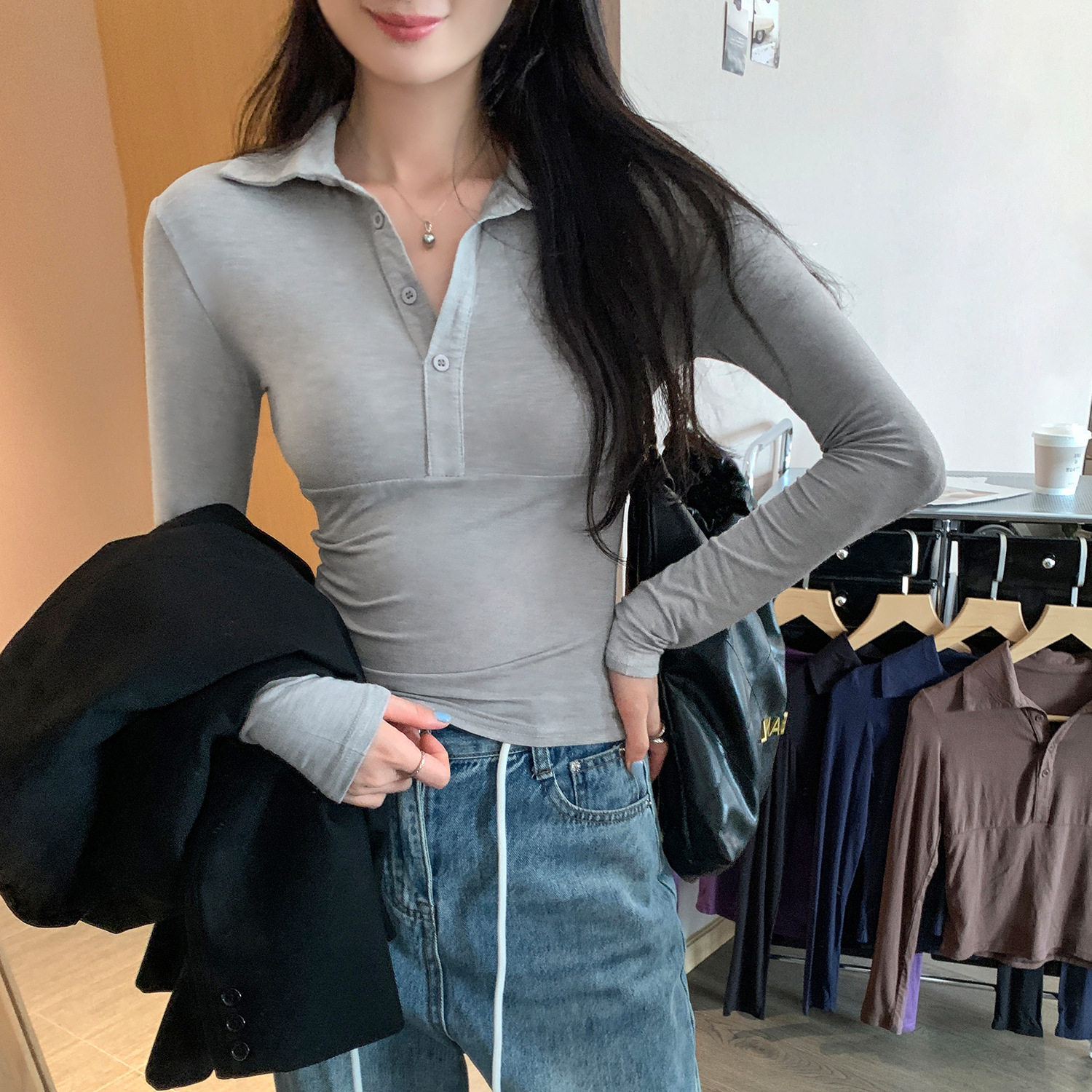灰色POLO领长袖内搭打底衫T恤女秋冬2026新款早秋修身显瘦上衣