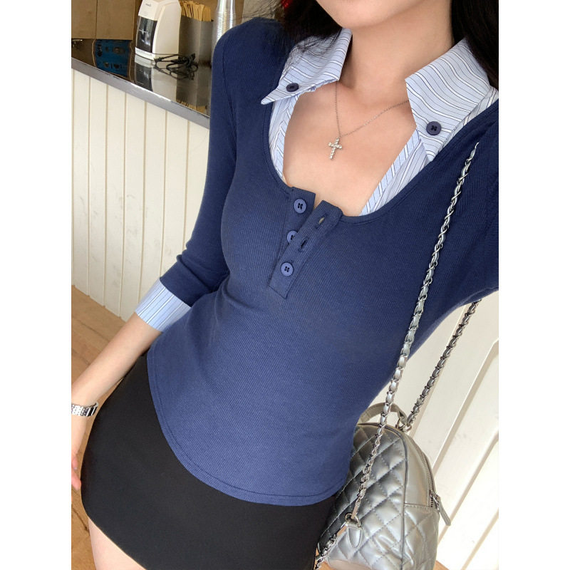 条纹polo领拼接假两件长袖T恤女秋冬2026新款修身显瘦打底衫上衣