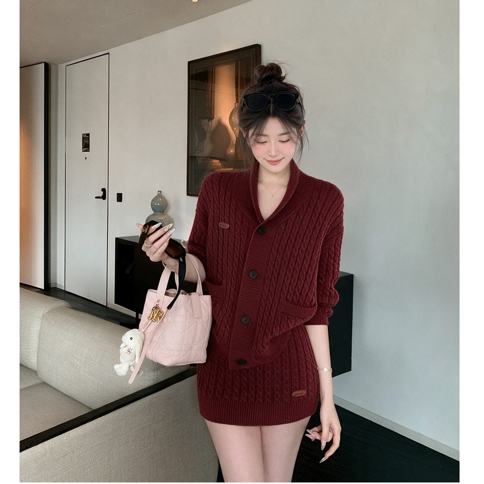 慵懒风麻花针织套装女2026冬季时尚气质感开衫包臀短裙两件套