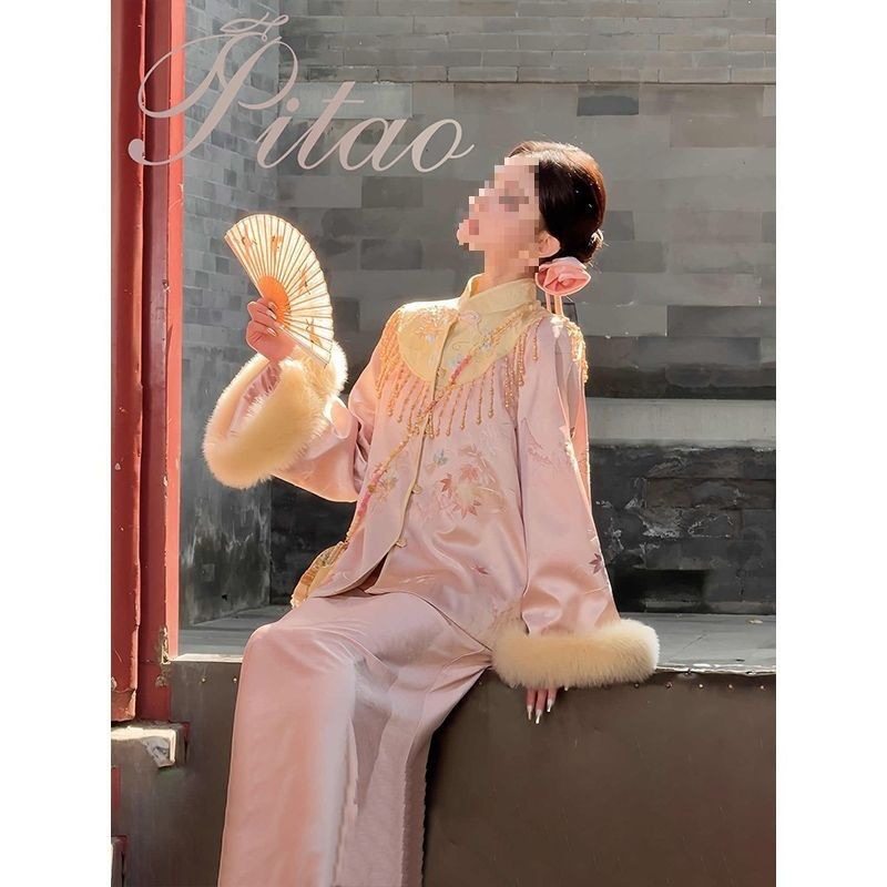2025秋冬新款风新中式粉色流苏印花外套百搭时尚半身裙两件套女