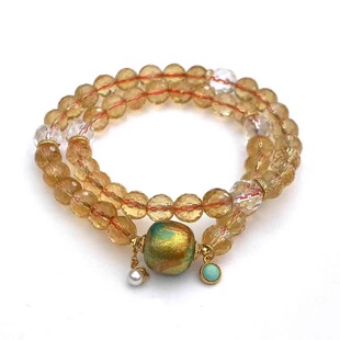 安伯曼大漆珠老形绿松圆饼珍珠橘黄色黄水晶切面双圈手串7-8mm