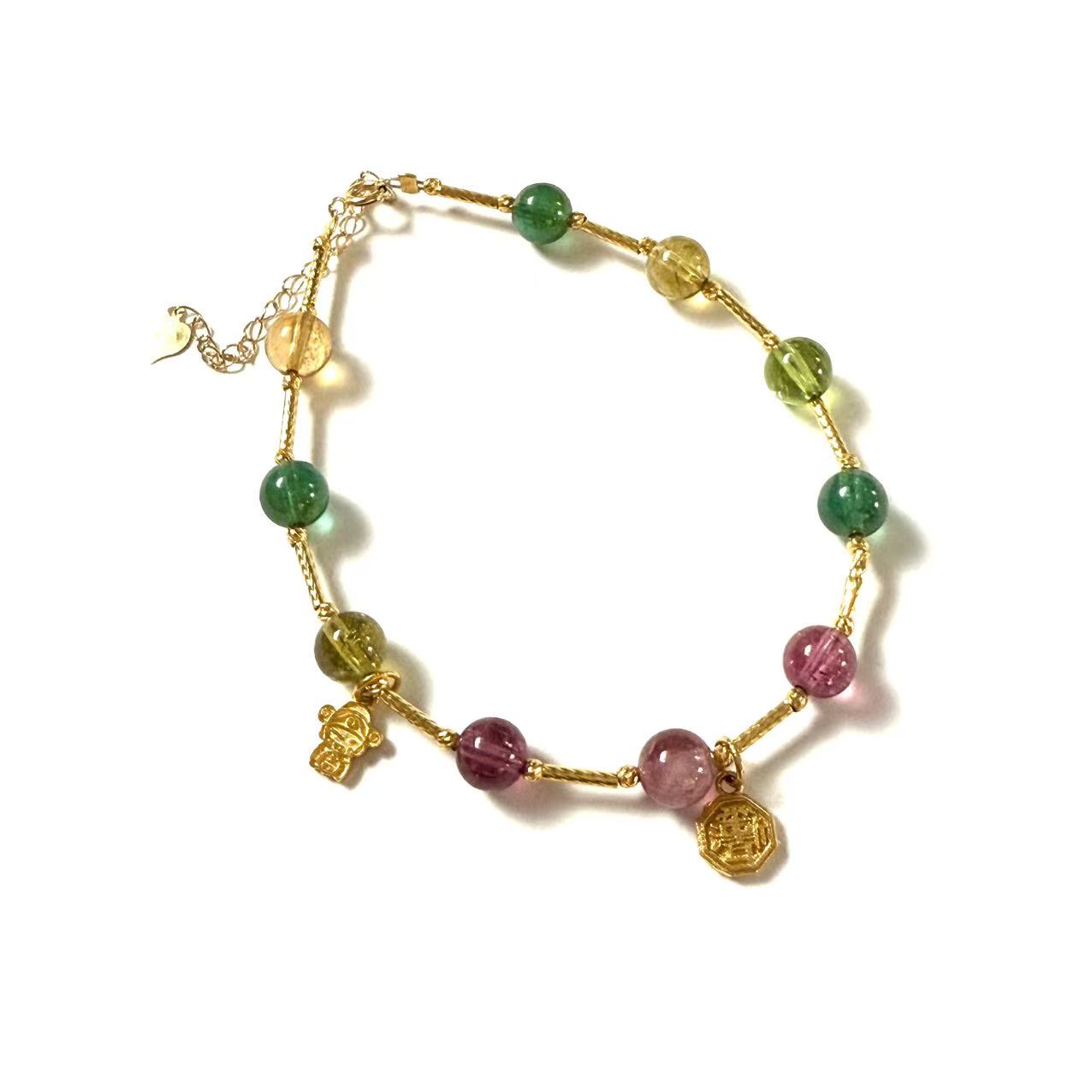 老矿糖果碧玺圆珠18K金小财神八卦牌细长管满天星手链5mm+