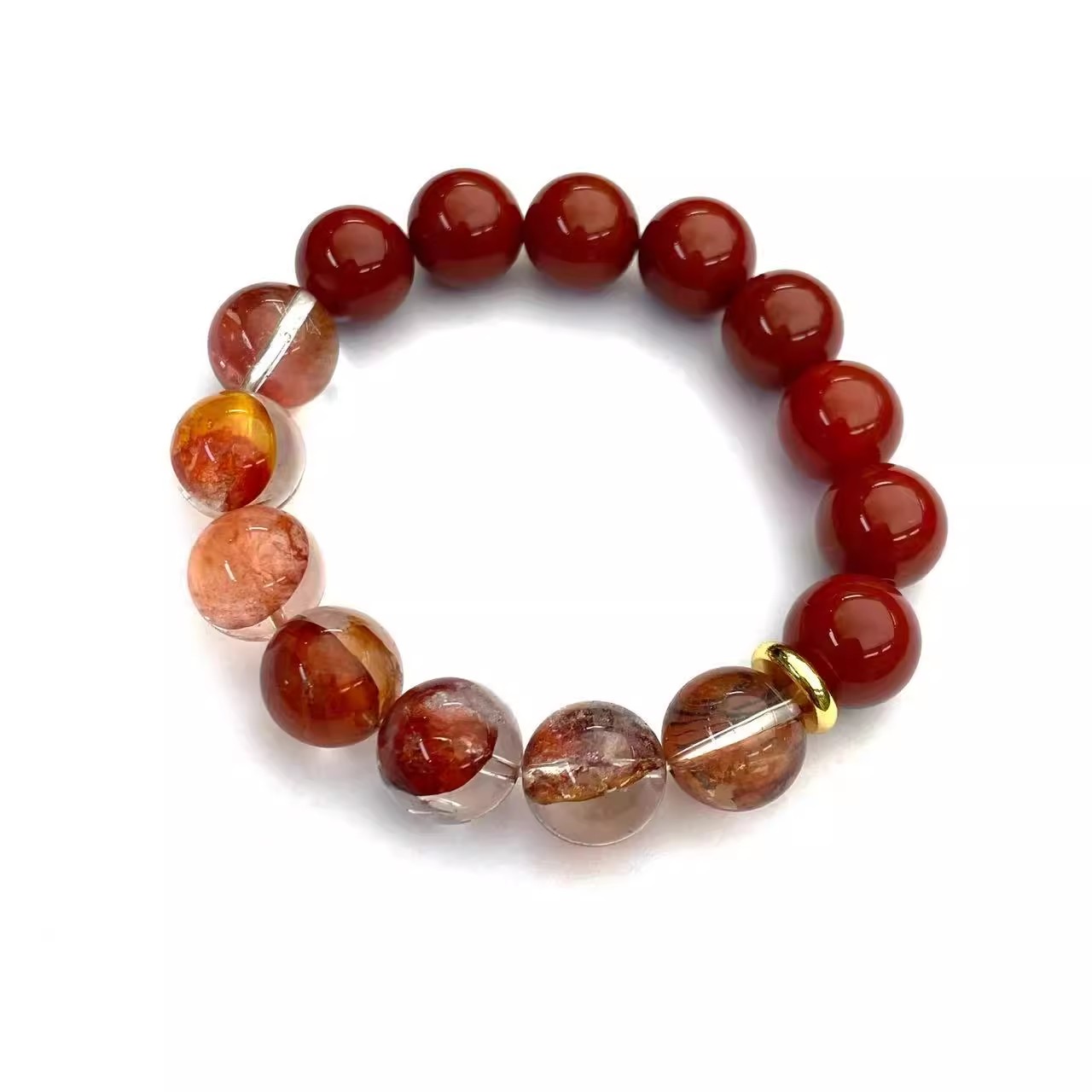 安伯曼南红胶花镀金隔片一半一半设计款手串12mm