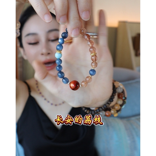 长安的荔枝-海纹石大漆珠铜发晶蓝晶石白水晶方糖设计款手串8-9mm