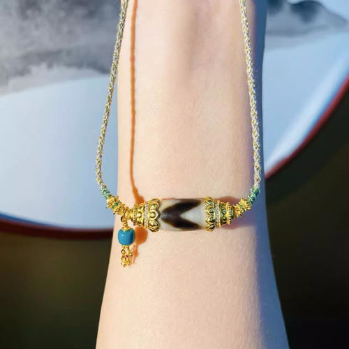 安伯曼虎牙天珠横板925银莲花蒙松编绳项链