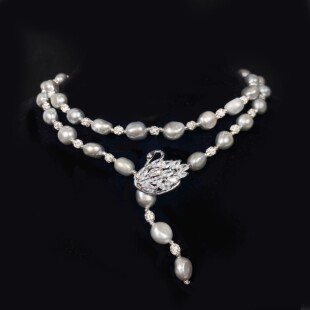 安伯曼奥地利水晶满镶小天鹅淡水巴洛克珍珠灰色14K注金项链