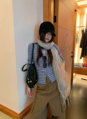 Aube Studio韩版羊毛条纹钮扣温柔淑女感百搭开衫保暖毛衣