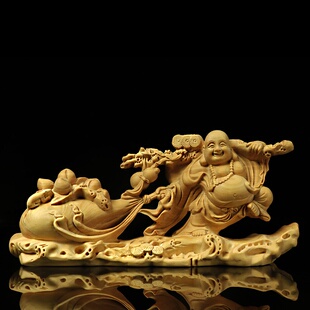 厂家批发黄杨木雕工艺礼品摆件拉袋布袋福袋弥勒佛福满乾坤