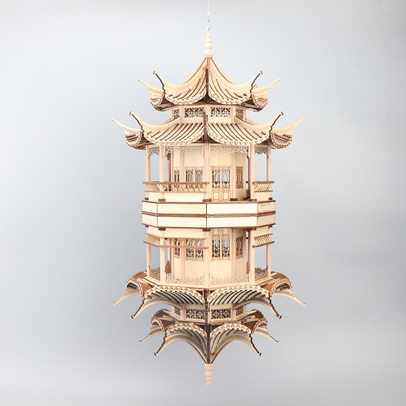 新中式创意古建筑八角凉亭倒影镜像吊挂客厅软装饰品电视酒柜摆件