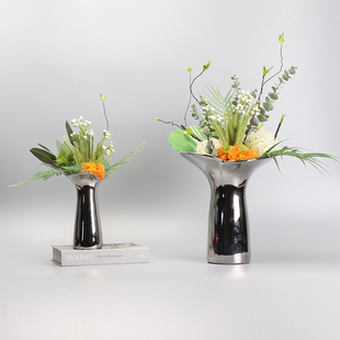 简约轻奢电镀银色花艺陶瓷花瓶北欧风客厅电视柜插花器餐桌摆件