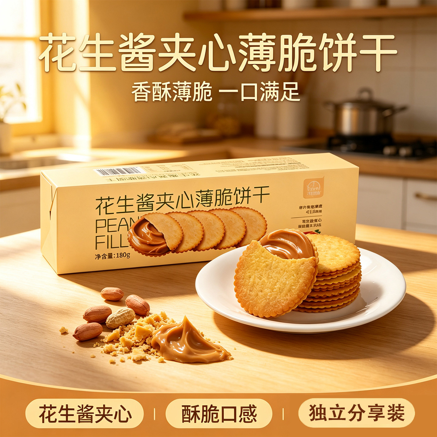 法思觅语花生酱夹心薄脆饼干可可巧克力味酥脆独立包装休闲小零食